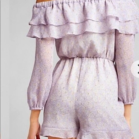 Express Floral Metallic Clip Dot Off The Shoulder Romper XL - Picture 4 of 7